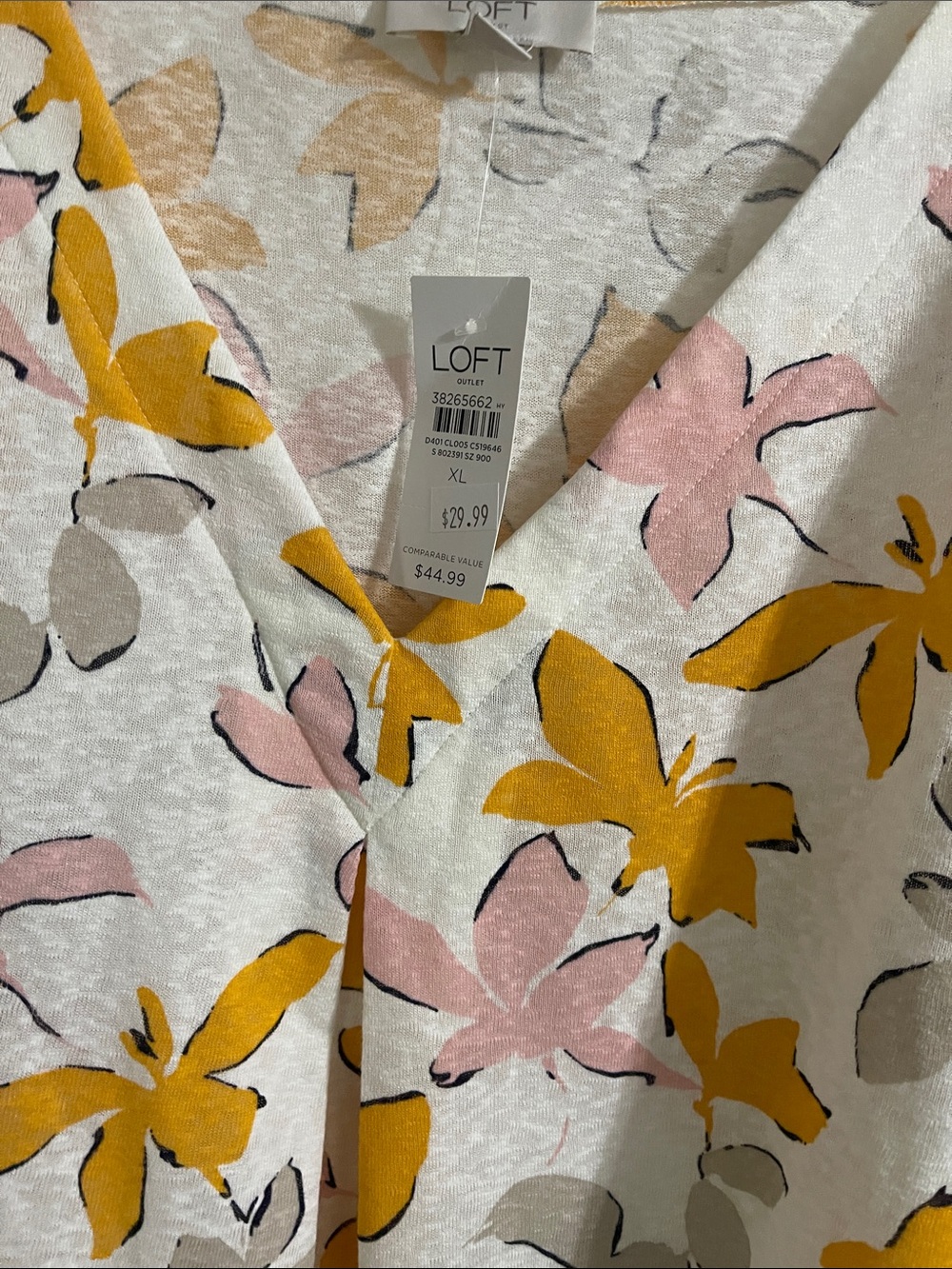 LOFT Cream Floral V-Neck Puff Sleeve Top - Pink, Yellow, Beige - Picture 2 of 4